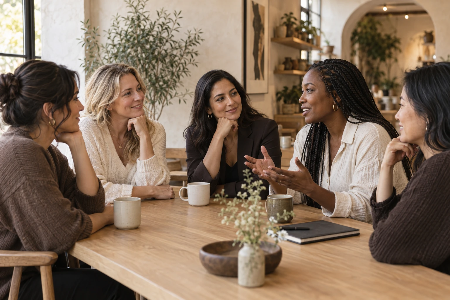 Escena conceptual de mujeres conversando en un espacio cálido